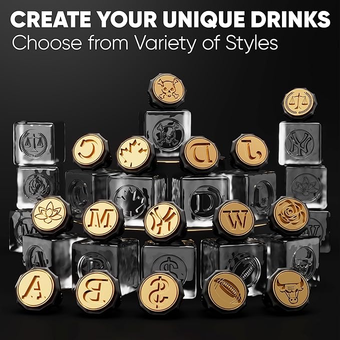 Berlinzo Ice Stamp Ring for Cube & Sphere - Custom Ice Cubes for Whiskey, Mojito Cocktails – A Letter Shaped Brass Ice Stamp a/ 3mm Depth - Black