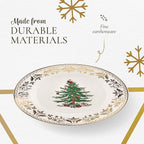Spode Christmas Tree Gold 4-Piece Holiday Dinnerware Set - Fine Earthenware Tableware with 22K Gold Accents - Dinner Plate, Salad Plate, Teacup & Saucer - Festive Christmas Tableware, Dishwasher Safe