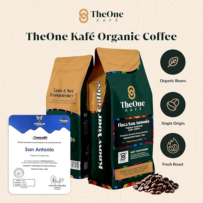 TheOne Kafé Guatemala Dark Roast Whole Bean Coffee – Organic, Single Origin, Premium Specialty Coffee, Ethically Sourced, Smooth & Rich Flavor – Fresh Roasted for Espresso, Drip, Pour Over – 12 oz