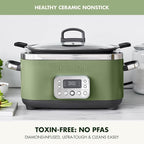 GreenPan Elite 14-in-1 Nonstick 6QT Electric Slow Cooker, PFAS-Free Ceramic Multi-Cooker, In-Pot Browning, Dishwasher Safe Lid & Removable Crock, Stainless Steel Steamer, Silicone Handles, Sage Green