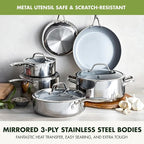 GreenPan Valencia Pro Stainless Steel 10 Piece Cookware Pots and Pans Set, Induction Suitable Mirrored Tri-Ply, Ceramic Nonstick PFAS-Free Coating, Multi Clad, Dishwasher Oven & Broiler Safe