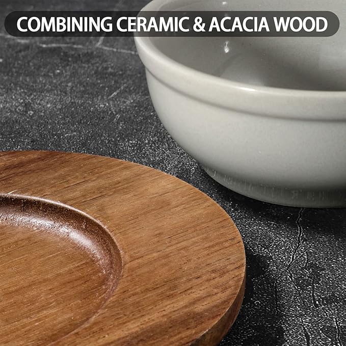Artena 12 oz Solid Ceramic Chip and Dip Serving Set with Acacia Wooden Tray, 5-inch Grey Dipping Bowls, Small Serving Bowls for Side Dishes, Salsa, Appetizer, Serving Dishes for Entertaining
