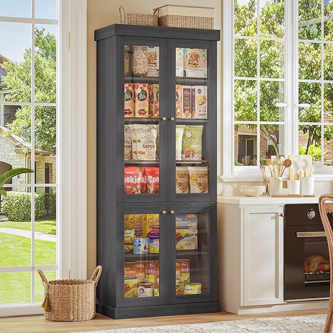 70.8" Bookshelf with Glass Doors, Farmhouse Modular Bookcase with 6-Tier Adjustable Shelves, Large Storage Cabinet for Living Room & Home Office, Set of 3, Black
