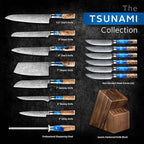 SENKEN 15-Piece Damascus Knife Block Set - "Tsunami" Collection Japanese Chef Knife Set - 67-Layer Japanese VG10 Steel Blades, Includes Chef Knife, Cleaver, 6 Steak Knives (15-Piece Knife Block Set)