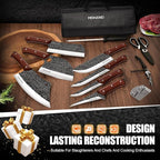 MDHAND 14PCS Butcher Knife Set, Hand Forged Butcher Chef Knife Set with Roll Bag, Sharp Meat Cleaver Knife & Bone Chopper Knives & Fillet Knives for Home & Camping & BBQ Gift for Men