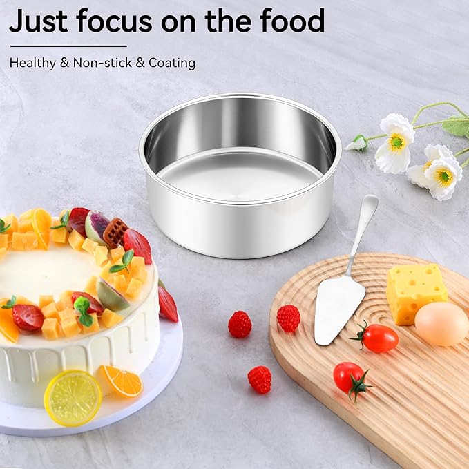Leonyo 8 Inch Cake Pan, Stainless Steel Circle Baking Pans Set, 2 Pieces Round Layer Cake Tin for Wedding Birthday, Even Heating, Non Toxic & Healthy, Heavy-Duty, Dishwasher Safe