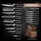 SENKEN 16-Piece Natural Acacia Wood Kitchen Knife Block Set - Japanese Chef's Knife Set with Laser Damascus Pattern, Includes Steak Knives, Kitchen Shears, Santoku, Cleaver & More (Wooden Handles)