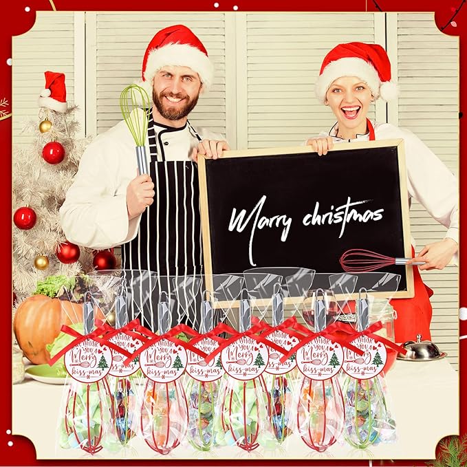 72 Sets 10 Inch Christmas Whisks Gifts DIY Fillable Christmas Tree Ornaments Xmas Colored Silicone Whisks for Cooking Heat Resistant Egg Beaters with Card Rope Bag for Candy Holder