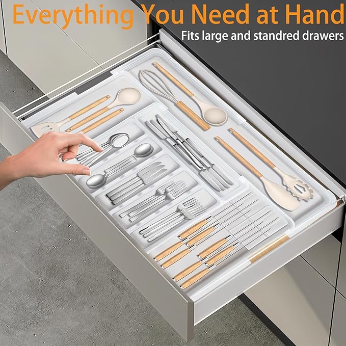 Homecor Silverware Organizer for Kitchen Drawer, Expandable Utensil Drawer Organizer with 2 Knife Block, Flatware and Cutlery Holder, Adjustable Plastic Storage for Spoons Forks Knives
