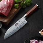 HOSHANHO 7 Inch Santoku Knife，Professional Japanese High Carbon Steel Chef Knife, Razor Sharp Kitchen Knife with Ergonomic Red Sandal Wooden Handle - Gift Box
