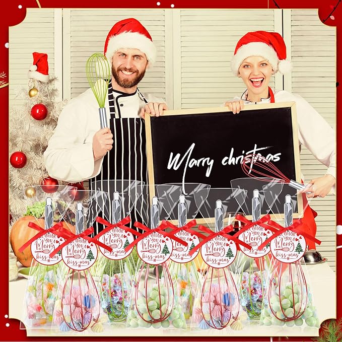 12 Sets 12 Inch Christmas Whisks Gifts DIY Fillable Christmas Tree Ornaments Xmas Colored Silicone Whisks for Cooking Heat Resistant Egg Beaters with Card Rope Bag for Candy Holder