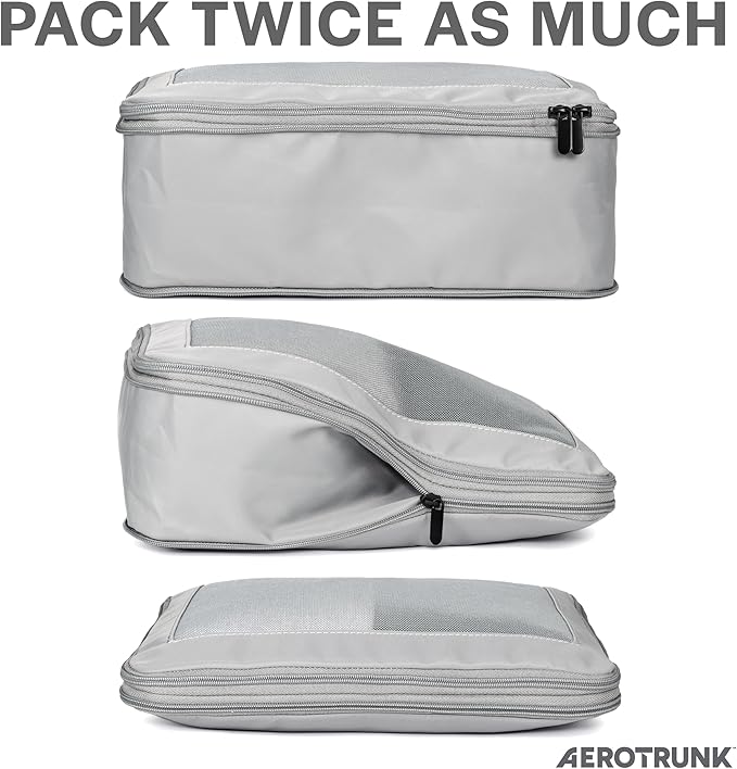 Aerotrunk Compression Packing Cubes for Travel - Luggage Organizer Bags - Double Zipper Packing Cubes for Suitcases (2-Pack, Light Grey)
