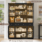 Keyluv 74.8" H Tall Pantry Cabinet with Microwave Stand and 3 Drawers, Large Kitchen Hutch Storage Cabinet with Glass Door and Adjustable Shelves for Kitchen, Dining Room, Living Room, Black