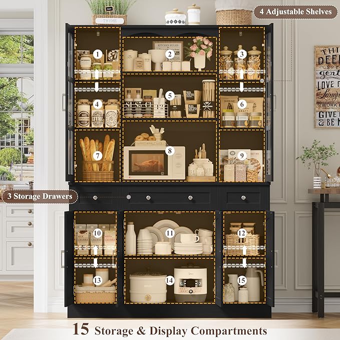 Keyluv 74.8" H Tall Pantry Cabinet with Microwave Stand and 3 Drawers, Large Kitchen Hutch Storage Cabinet with Glass Door and Adjustable Shelves for Kitchen, Dining Room, Living Room, Black