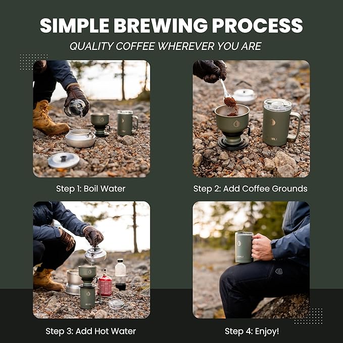 Pour Over Camp Coffee Maker Set– Vacuum Insulated Mug with Leakproof Lid, Stainless Steel Micro Filter, Scratch-Resistant Finish, Portable Coffee Maker for Camping, Travel & Outdoor Adventures