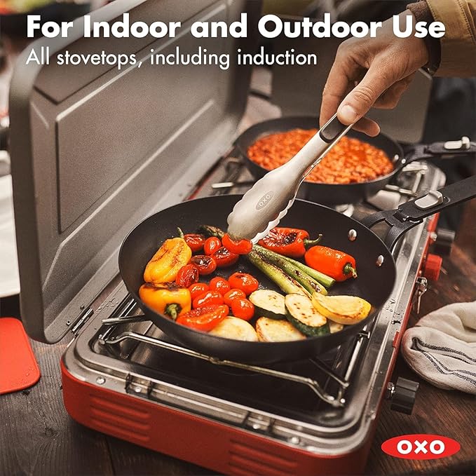OXO Outdoor Pre-Seasoned Carbon Steel 12" Frying Pan Skillet, Detachable Handle for Easy Storage, Indoor Use, Nonstick with Use, Induction Suitable,Oven & Broiler Safe,Browning, Grill,Sear,Saute,Black