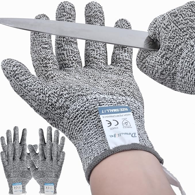 Dowellife 3 Pairs Cut Resistant Gloves Food Grade Level 5 Protection, Safety Kitchen Cuts Gloves for Mandolin Slicing, Fish Fillet, Oyster Shucking, Meat Cutting and Wood Carving (Black Gray, Large)