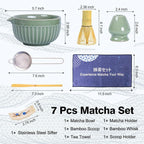 Matcha Whisk Set, Matcha Starter Kit for Tea Ceremony, Ceramic Matcha Bowl with Spout, Bamboo Whisk, Scoop, Ceramic Holders, Stainless Sifter, Towel, 7pcs Japanese Tea Making Tools (Green)