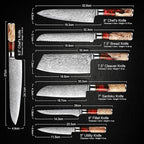SENKEN 7-Piece Damascus Kitchen Knife Set - Tsunami Collection - 67-Layer Japanese VG10 Steel - Chef's Knife, Cleaver, Santoku, Bread, Boning, & More (Red Resin Blend)