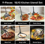 Lazycorner Kitchen Utensil Set 9-Piece Stainless Steel 304 Polished Mirror Finish Cooking Spoons, Slotted Spoon, Turner, Spatula, Pasta Spoon– Dishwasher Safe, Rust-Resistant