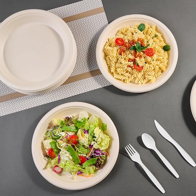 ECOLipak 125 Pack Paper Plates 10 inch 100% Compostable, Heavy-Duty Dinner Plates Disposable Bagasse Deep Dish Natural Biodegradable Eco-Friendly Sugarcane (Brown)