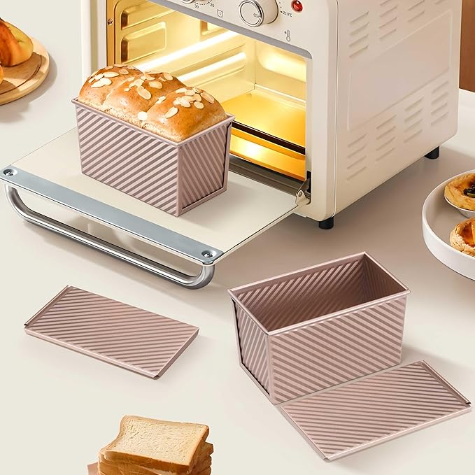 LIANYU Pullman Loaf Pan with Lid, 2 Pack 1 Pound Bread Loaf Baking Pan, Nonstick Homemade Sourdough Sandwich Bread Toast Box, Heavy Duty Corrugated Bakeware Tins with Cover, Rose Gold