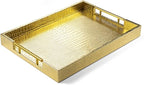 17" x 12" Wood Serving Tray with Gold Polished Metal Handles, Home Decorative Wooden Rectangle Ottoman Leather Decor Platter Bathroom Vanity Tray for All Occasions Alligator Gold