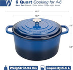 Enameled Cast Iron Dutch Oven Pot with Lid, for Sourdough Bread Baking, Round Dutch Ovens, 6 Quart, Blue