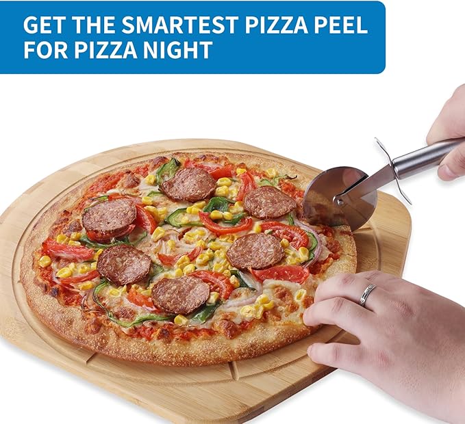 18” Bamboo Pizza Peel - Lightweight Smooth Wooden Pizza Paddle and Pizza Cutting Board with 8 Slice Grooves, Outdoor Pizza Oven Accessories, 25.6 Inch x 18 Inch