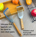 Fish Spatula Set for Nonstick Cookware Flexible Metal Fish Spatula Stainless Steel Small Fish Slotted Spatula Turner with Wood Handle