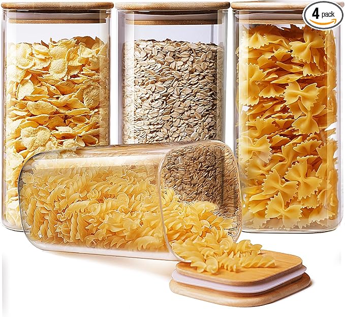 Square Glass Jars with Bamboo Lids 53 FL OZ [Set of 4], Glass Canisters with Airtight Lid, Glass Food Storage Containers for Pasta, Cereal, Coffee, Flour, Sugar, Best for Kitchen & Pantry