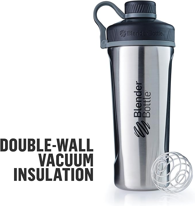 BlenderBottle Radian Shaker Cup Insulated Stainless Steel Water Bottle with Wire Whisk, 26-Ounce, Matte White
