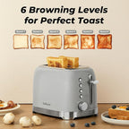 Toaster 2 Slice Retro Stainless Steel with 1.5” Extra Wide Slots Bagel, Defrost, Reheat, Cancel Functions, 6 Bread Shade Settings, Removable Crumb Tray, Gray