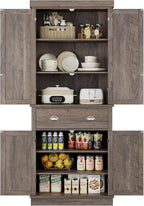 FOTOSOK 72" Kitchen Pantry Storage Cabinets with Drawer, Freestanding Cupboard with 4 Doors, Drawer, 4 Shelves, Utility Pantry Cabinet for Kitchen, Dining Room, Living Room, Ash Grey
