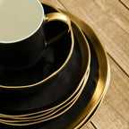 Stone Lain Florian Modern Porcelain 16 Piece Dinnerware Set, Plates and Bowls Set, Dish set for 4, Black And Golden Rim