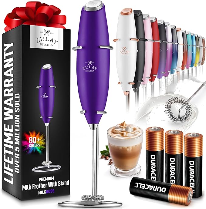 Zulay Kitchen Powerful Milk Frother Wand With 4 AA Duracell Batteries - Ultra Fast Handheld Drink Mixer - Electric Whisk Foam Maker for Coffee, Lattes, Cappuccino, Matcha & Creamer