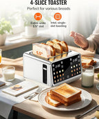 Toaster 4 Slice with TouchScreen, Memory Function & Single-Slot Focus, Keenstone 1800W Smart Digital Toaster for Ultimate Control, Wide Slot to Reheat & Defrost Bagels, Bread, Waffles, Stainless Steel