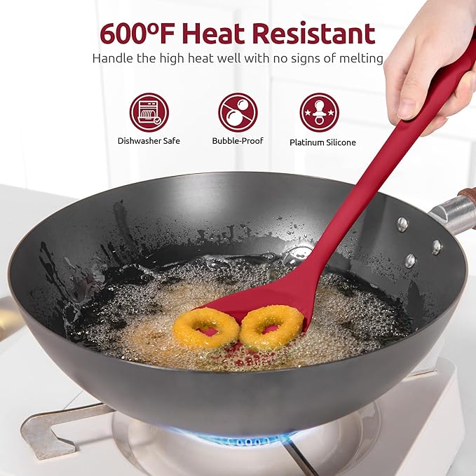 U-Taste 600ºF Heat Resistant Wok Spatula: 13.76" Long, 3.63" Wide Silicone Cooking Utensils with Flexible Edge & Sturdy Core, for Kitchen Stir Fry, Serving, Scoop, in Non-Stick Pan, Carbon Steel (Red)