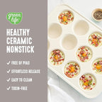 GreenLife 12-Cup Muffin Pan, Healthy Ceramic Nonstick Bakeware, PFOA & PFAS-Free Cupcake Tray, Durable Baking Pan, Versatile Kitchen Essential, Easy Clean Muffin Mold, Nonstick Baking Sheet, Taupe