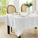 Newbridge Barcelona Luxury Damask Fabric Tablecloth, 52” Wide x 70” Rectangle, White, 100% Polyester, No Iron, Soil Resistant Dining Room, Party and Banquet Table Cover