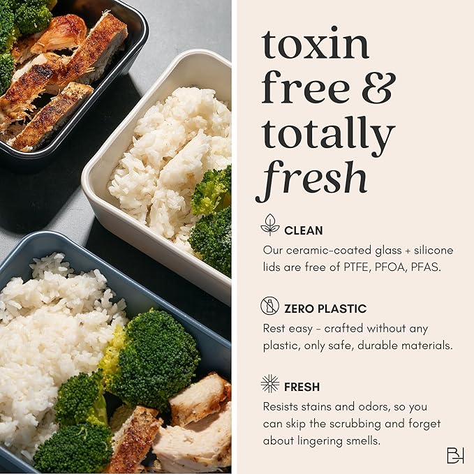 Ceramic Coated Glass Food Storage Containers | No PTFE, PFOA, PFAS, and BPA | Reusable Non Toxic Meal Prep Containers with Glass Lids | Easy To Store | 10 Piece Set [Dusk]