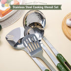 FJNATINH Spatula and Ladle Set - 2 Wok Tools - Universal Ladle and Spatula - Stainless Steel Cooking Utensils and Accessories, 13"-14", Green Handle