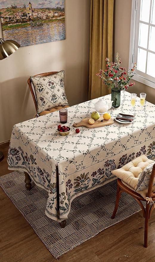 patdrea Designer Linen French Tablecloth for Rectangle Table,Fall Country Breathable Floral Extra Long Tablecloths,Table Cover for Kitchen Dining,Christmas,Thanksgiving,63"x110"-Oliveirad
