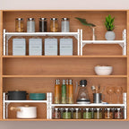 Expandable Counter Shelf, Adjustable Height Spice Rack Metal Mesh Board Shelf Organization for Kitchen Pantry Bathroom Office -White