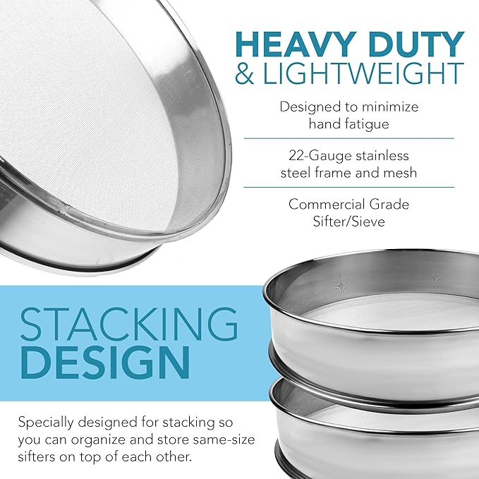 Stainless Steel Flour Sifter Fine Mesh Round Flour Sieve for Baking 8" Diameter x 2.5" High; 30 Mesh (Hole Size 0.6mm)