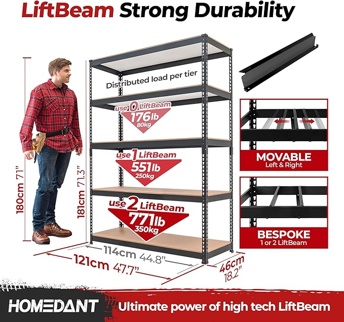 HOMEDANT 5 Tier Laminated Boltless Heavy Duty Garage Storage Adjustable Wide Size Metal Shelving Unit Utility Rack Shelves Organization Multipurpose Shelf Shed Warehouse 47.7"W x 18.2"D x 71.3"H 1Pack