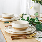 AmorArc Ceramic Dinnerware Sets for 8, 24 Pieces Handpainted Plates and Bowls Set with Rustic Terracotta Underside, Scratch Resistant Stoneware Dishes Set, Dishwasher & Microwave Safe, Light Beige