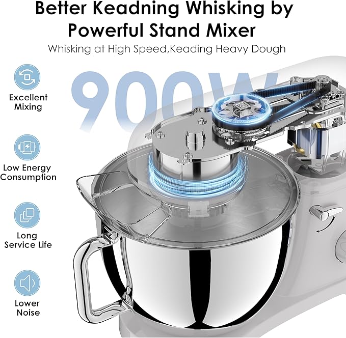 Kitchen in the box Stand Mixer - 8.5 Quart Mixing Bowl, 900 Watt Kitchen Electric Mixer for Heavy Dough, Large Capacity Food Mixer for Home Cooks with Egg Whisk, Dough Hook & Flat Beater (Cream)