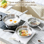 DELARLO Tri-ply Stainless Steel Frying Pan Set with Lid 10" 12" Induction large Skillets Chef's Pan,Pots and Pans Set Kitchen Cookware Set Suitable for All Stove