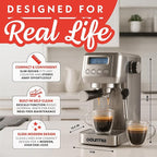 Gourmia Slim Espresso Machine – 20-Bar Pump, LCD Display, Milk Frother, Adjustable Temperature, Manual & Auto Brew for Single/Double Shots, 1350W, Stainless Steel